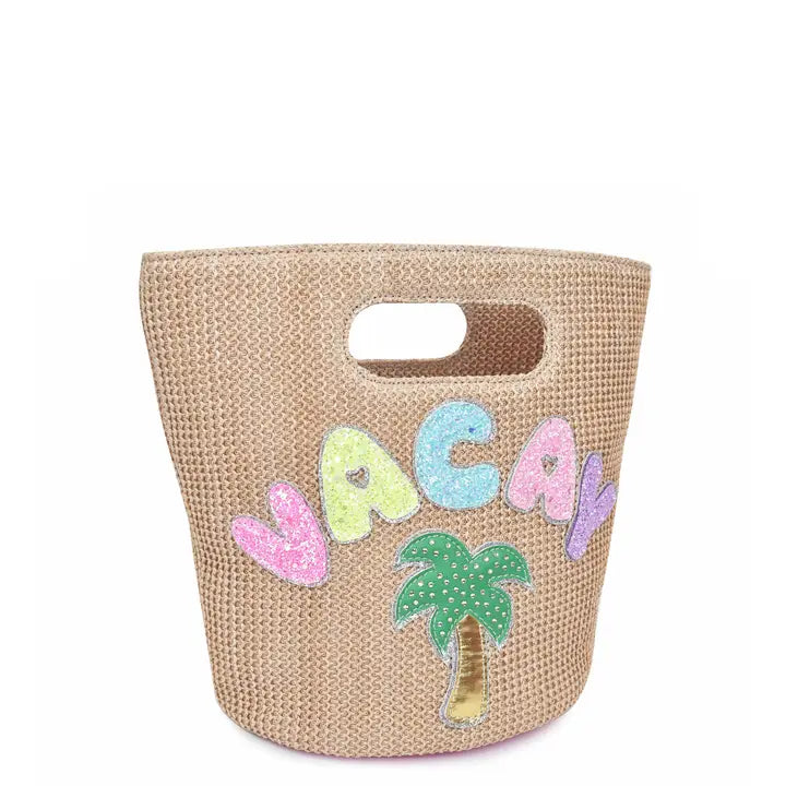 'VACAY' PATCHED STRAW HANDLE MINI TOTE