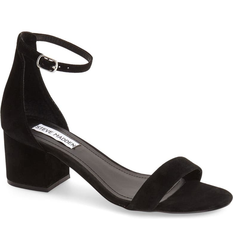 Steve Madden tempers the delicate ankle strap on these Irenee sandals with a chunky, block heel in fashion-forward style. 2" block heel Round open-toe ankle-strap dress sandals; adjustable buckle closure at ankle strap Padded for added comfort Suede or leather upper; manmade sole Imported