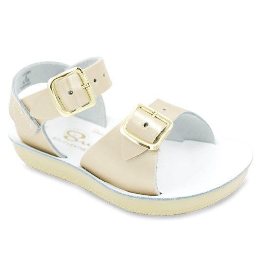 The Sun-San® Surfer is a classic two-strap sandal that’s perfect for younger feet. With an adjustable toe buckle and ankle strap, they are great for both wide and narrow feet. The lightweight, cushioned urethane sole make these comfortable to wear all day long. Rust-proof brass buckles and scuff-resistant, water friendly genuine leather make them ideal for in-and-out of water wear. They clean up so easily, and with proper care will last for years.
