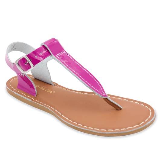 The Salt-Water® T-Thong is a retro-classic. The adjustable ankle strap make them a fit to any foot. Scuff-resistant water friendly genuine leather make them great for in-and-out of water wear and they clean up very easily. They complete any look and are great dressed up or dressed down