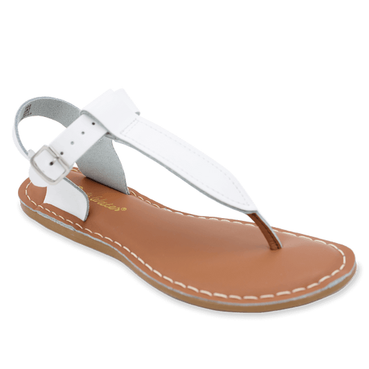 The Salt-Water® T-Thong is a retro-classic. The adjustable ankle strap make them a fit to any foot. Scuff-resistant water friendly genuine leather make them great for in-and-out of water wear and they clean up very easily. They complete any look and are great dressed up or dressed down