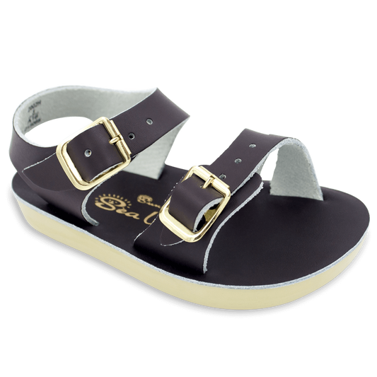 The Sun San® Sea Wee is made only in the smallest baby sizes. We have added flex over the toe making this little sandal a perfect starter pair for your tiny adventurer. A lightweight, cushioned urethane sole, rust-proof brass buckles, and scuff-resistant water friendly genuine leather make these sandals ideal for in-and-out of water wear. The Sea Wee is one of our best-selling baby sandals. Both boys and girls can wear these with anything and look great.