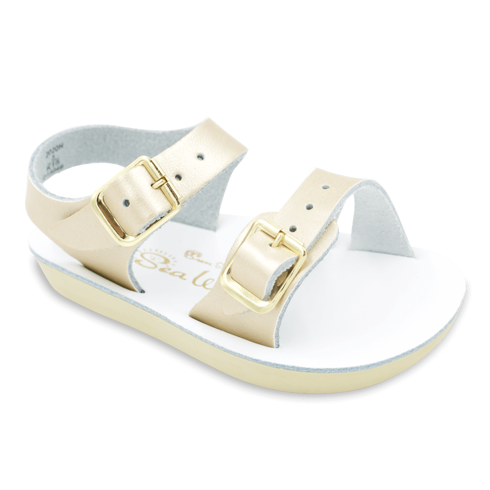 The Sun San® Sea Wee is made only in the smallest baby sizes. We have added flex over the toe making this little sandal a perfect starter pair for your tiny adventurer. A lightweight, cushioned urethane sole, rust-proof brass buckles, and scuff-resistant water friendly genuine leather make these sandals ideal for in-and-out of water wear. The Sea Wee is one of our best-selling baby sandals. Both boys and girls can wear these with anything and look great.