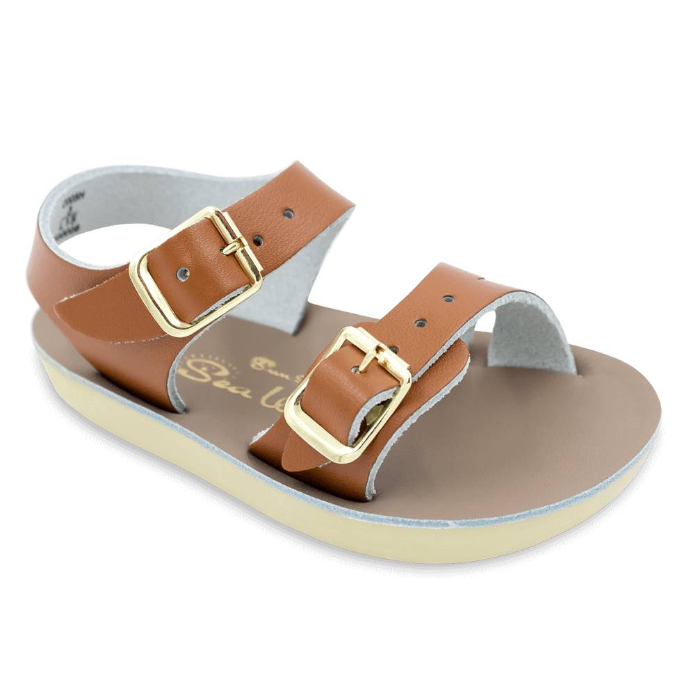 The Sun San® Sea Wee is made only in the smallest baby sizes. We have added flex over the toe making this little sandal a perfect starter pair for your tiny adventurer. A lightweight, cushioned urethane sole, rust-proof brass buckles, and scuff-resistant water friendly genuine leather make these sandals ideal for in-and-out of water wear. The Sea Wee is one of our best-selling baby sandals. Both boys and girls can wear these with anything and look great.