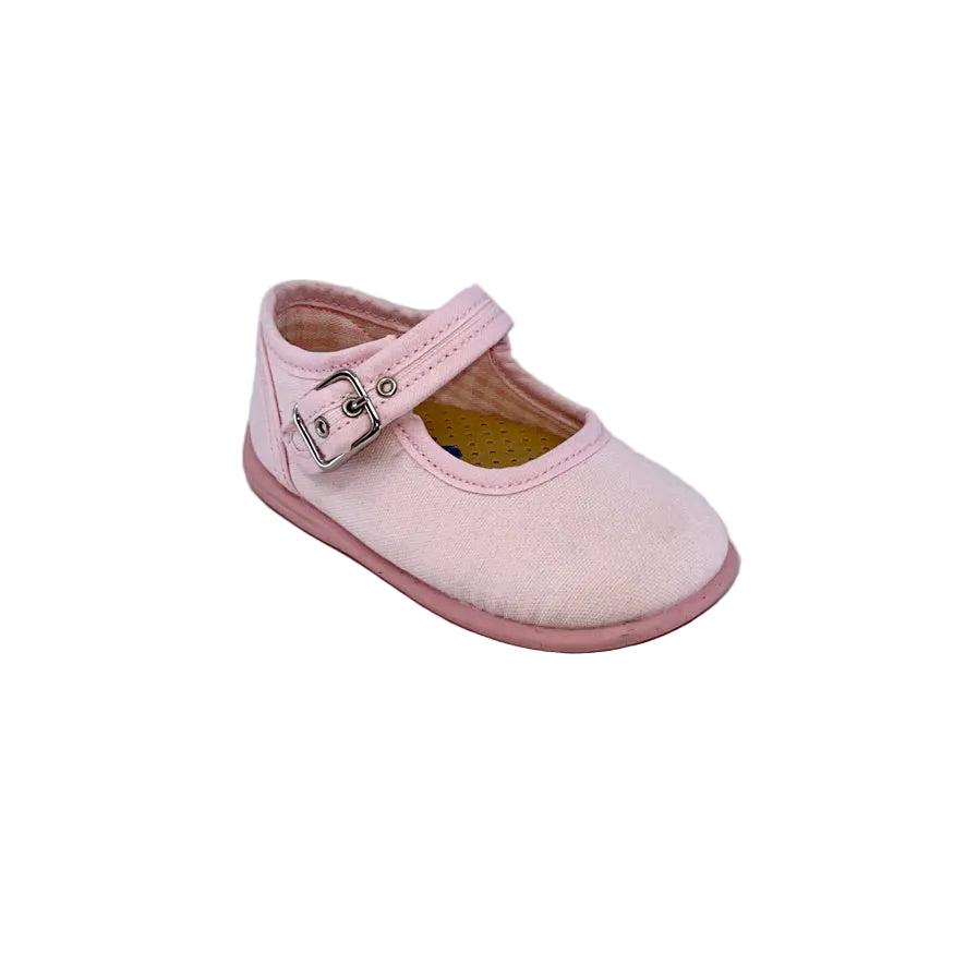Canvas -Lightweight and comfy Pink Mary Jane canvas upper - Buckle strap -Textile lining and padded insole. - Smooth traction rubber sole -Rounded toe -Made in Spain