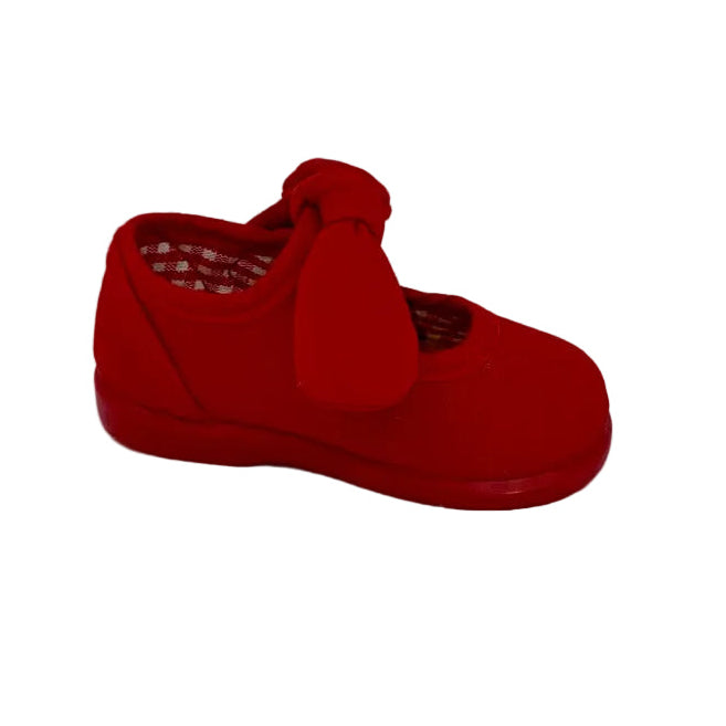 Canvas -Lightweight and comfy red bow Mary Jane canvas upper - Buckle strap -Textile lining and padded insole. - Smooth traction rubber sole -Rounded toe -Made in Spain
