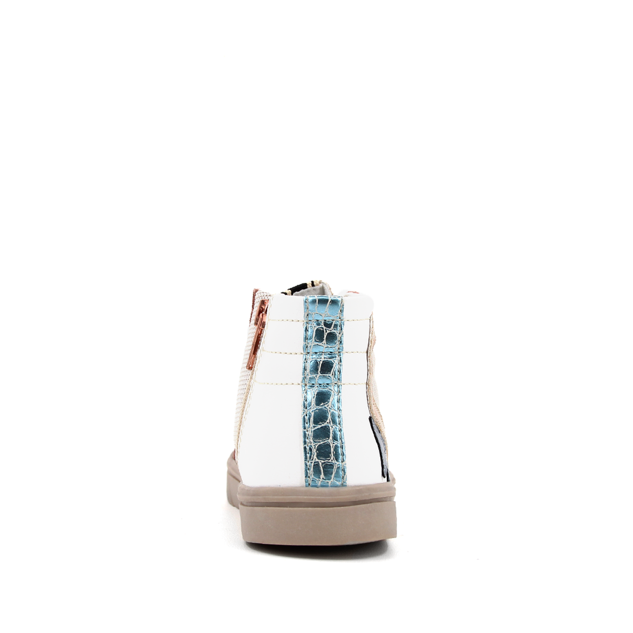 A fun sneaker that can be dressed up or down. Features silver laces, suede detailing, and side zipper.