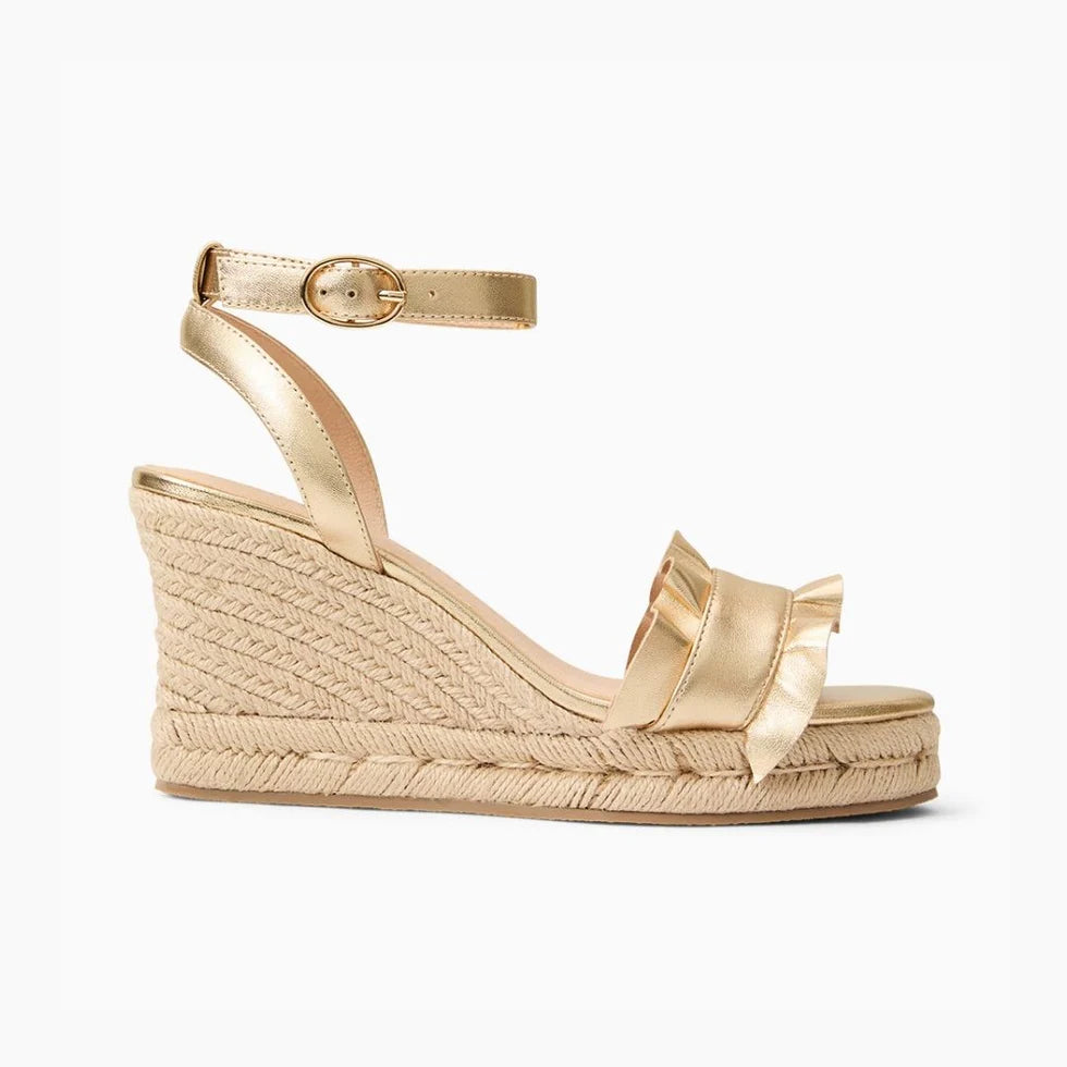 JACK ROGERS WOMENS ROZETTE RUFFLE WEDGE-GOLD