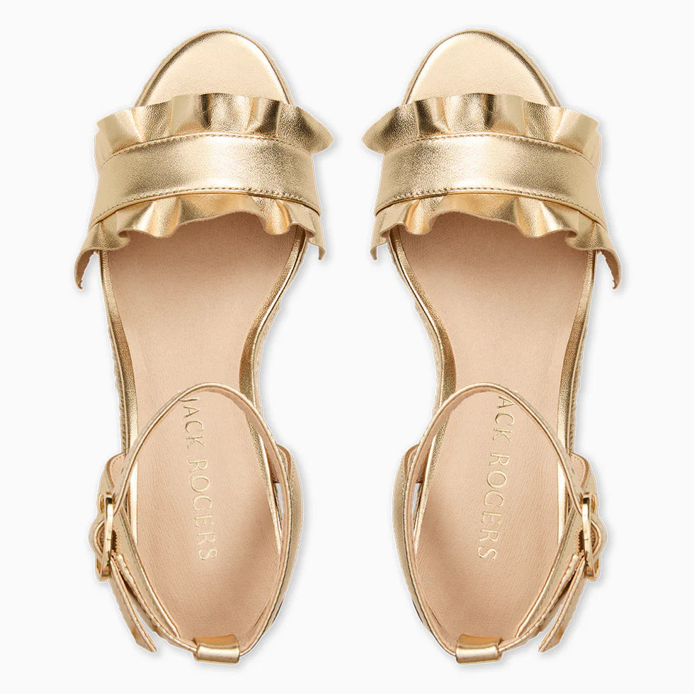 JACK ROGERS WOMENS ROZETTE RUFFLE WEDGE-GOLD