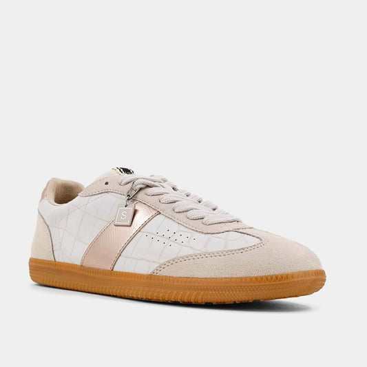Step out in style with SYDNEY, the perfect blend of retro vibes and modern trends. These grey crocodile-print sneakers feature a suede upper, gold accents, and a chic brand tag. The rubber soles offer both fashion and comfort, making these sneakers a must-have for any casual outfit.