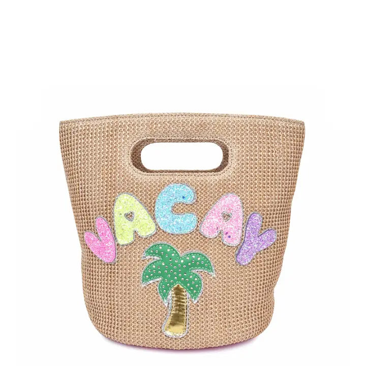 'VACAY' PATCHED STRAW HANDLE MINI TOTE