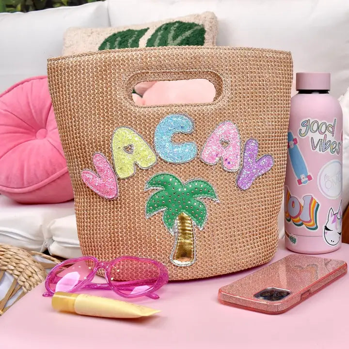 'VACAY' PATCHED STRAW HANDLE MINI TOTE