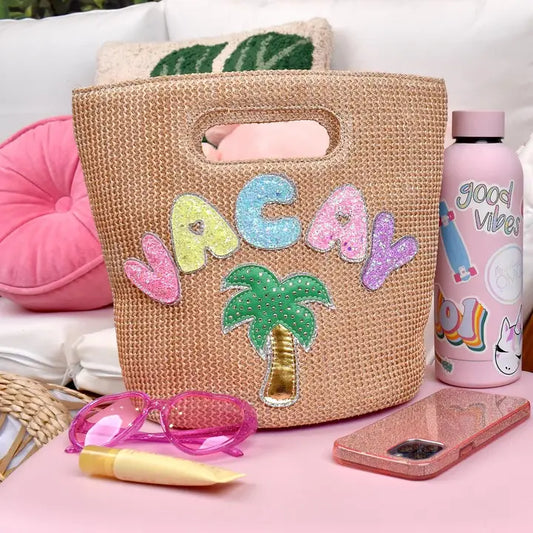 'VACAY' PATCHED STRAW HANDLE MINI TOTE