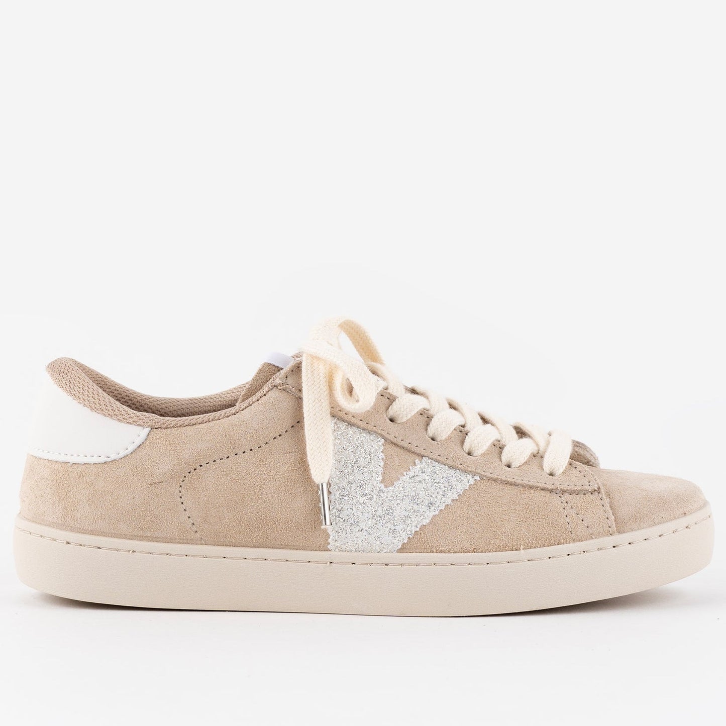 Beige sneaker with a logo on a white background