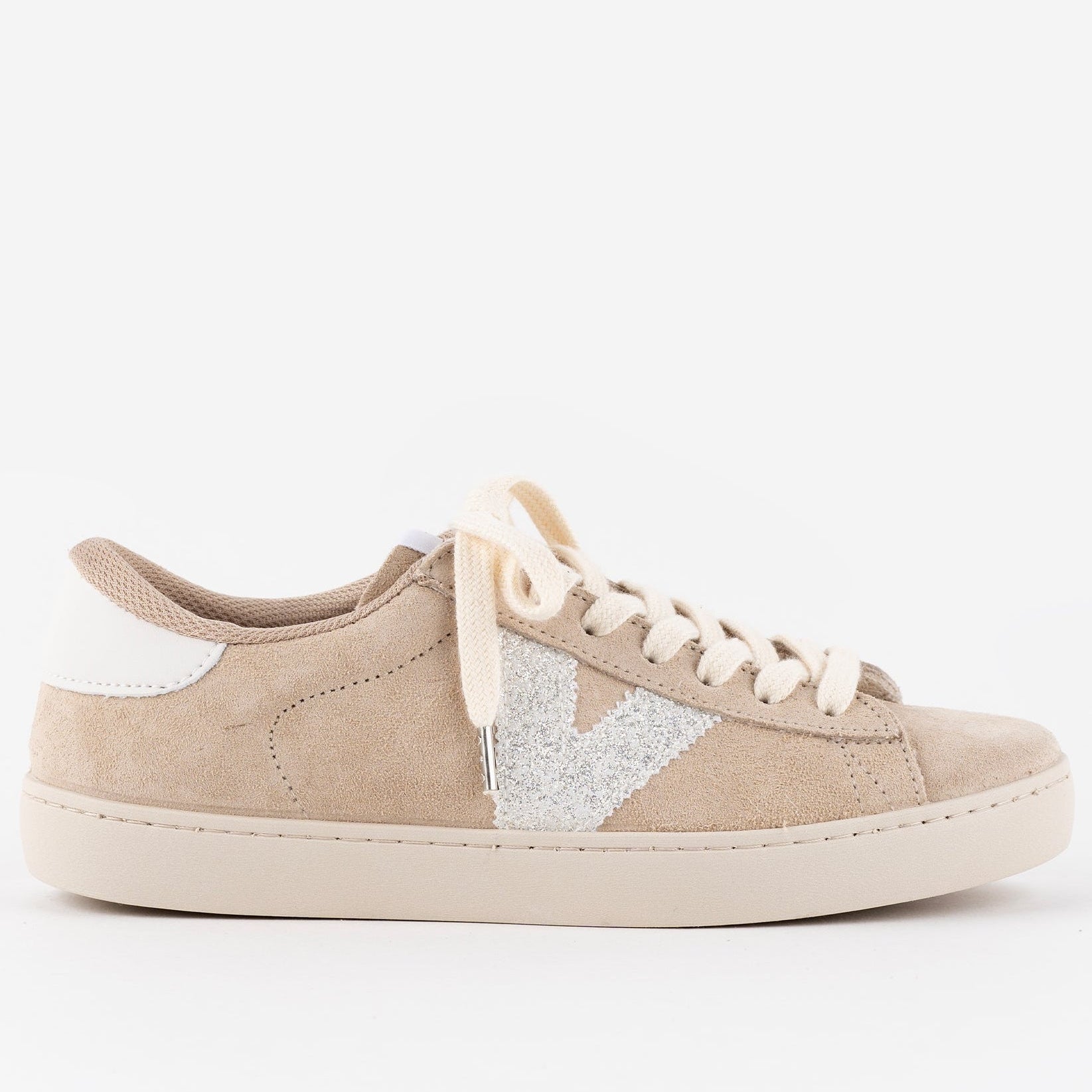 Beige sneaker with a logo on a white background