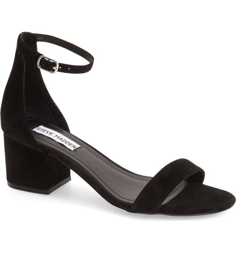 Steve Madden tempers the delicate ankle strap on these Irenee sandals with a chunky, block heel in fashion-forward style.  2" block heel Round open-toe ankle-strap dress sandals; adjustable buckle closure at ankle strap Padded for added comfort Suede or leather upper; manmade sole Imported