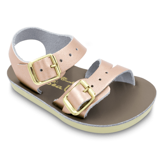 The Sun San® Sea Wee is made only in the smallest baby sizes. We have added flex over the toe making this little sandal a perfect starter pair for your tiny adventurer. A lightweight, cushioned urethane sole, rust-proof brass buckles, and scuff-resistant water friendly genuine leather make these sandals ideal for in-and-out of water wear. The Sea Wee is one of our best-selling baby sandals. Both boys and girls can wear these with anything and look great.