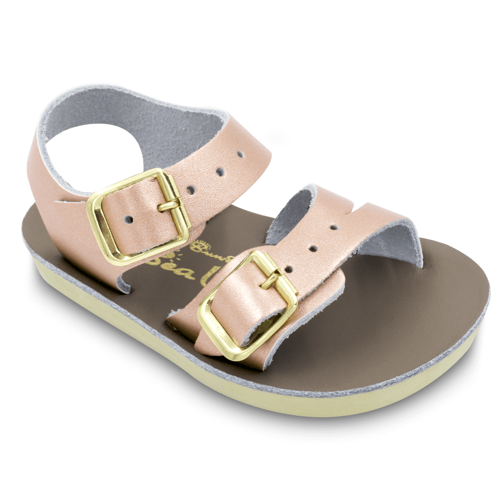 The Sun San® Sea Wee is made only in the smallest baby sizes. We have added flex over the toe making this little sandal a perfect starter pair for your tiny adventurer. A lightweight, cushioned urethane sole, rust-proof brass buckles, and scuff-resistant water friendly genuine leather make these sandals ideal for in-and-out of water wear. The Sea Wee is one of our best-selling baby sandals. Both boys and girls can wear these with anything and look great.