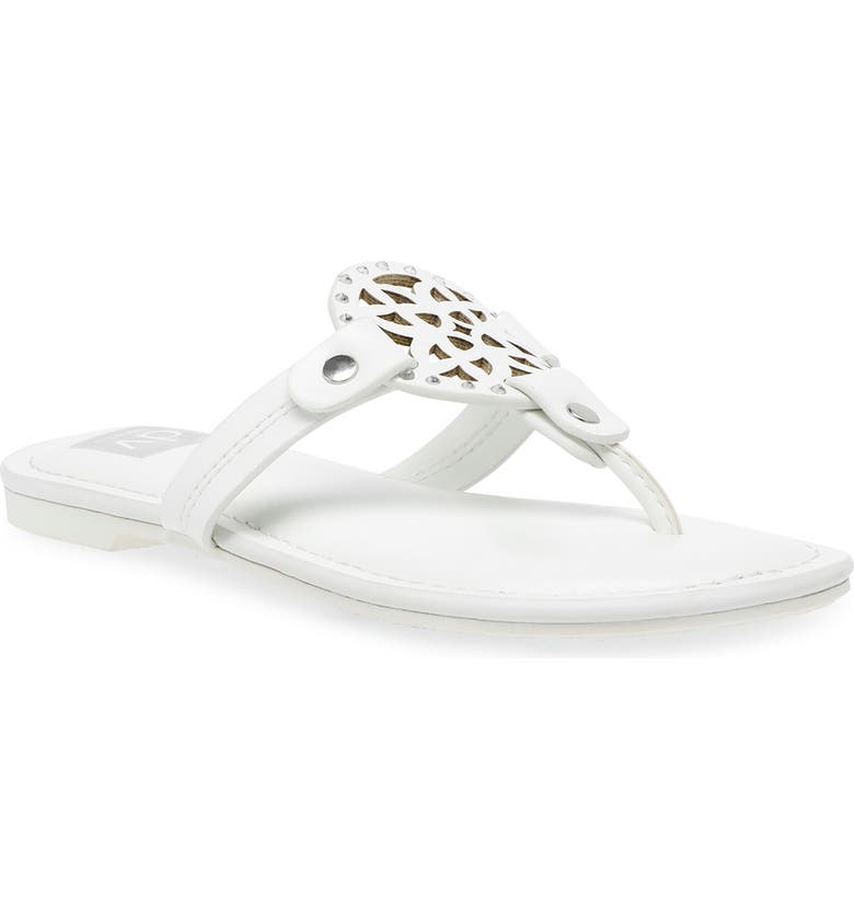 Breezy cutouts center a cushioned flip flop sandal haloed by rhinestones for added girly style.  Thong toe Slip-on Padded insole Flexible outsole Manmade upper and sole Imported
