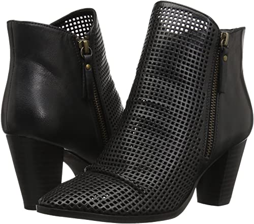 Change up your look with the Riya bootie from Mia. This ankle boot is fashioned with laser-cut leather upper and a stacked heel for the perfect amount of height!  FEATURES Laser-cut leather upper Dual zipper closures Round toe Synthetic lining Removable cushioned insole