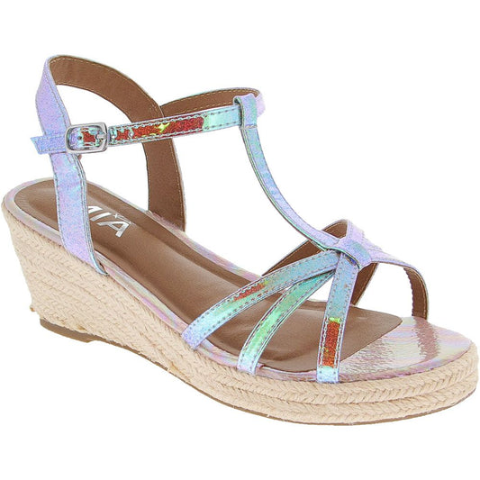 Mia Janicka K Dress Sandals - Girls. She'll be all set for summer in these cute girls sandals. The faux-leather upper has delicate straps for a fun and dressy style. An adjustable, buckled ankle strap offers a secure and comfortable fit. The espadrille-inspired midsole adds a little lift while creating a look that is both classic and trendy. Sparkling overlays add a touch of glamour, making these sandals an excellent choice for her favorite summer outfits.