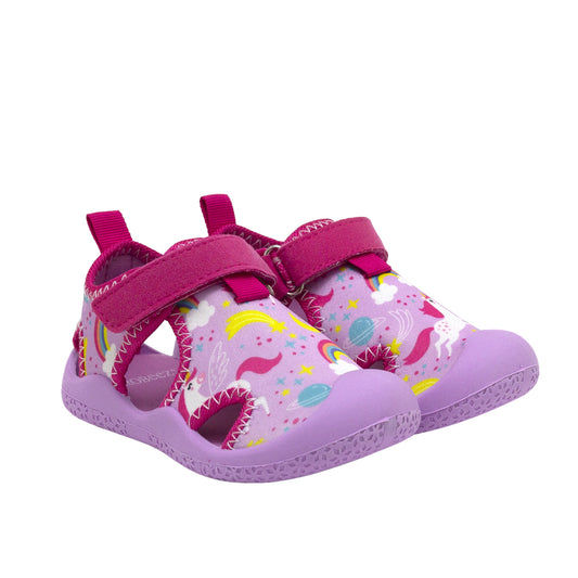 A cool summer doesn't require much: some sun, fun, and most definitely the Unicorns Water Shoes in Lavender. A comfortable girl's unicorn shoe for beginner walkers, runners, and toddlers alike, this summer shoe is equipped to get into anything. When feet get wet, the neoprene upper dries quickly. When surfaces are wet, the grooved rubber sole provides maximum traction. When the temperatures rise, ventilated holes allow air and water to move freely through these unicorn water shoes.
