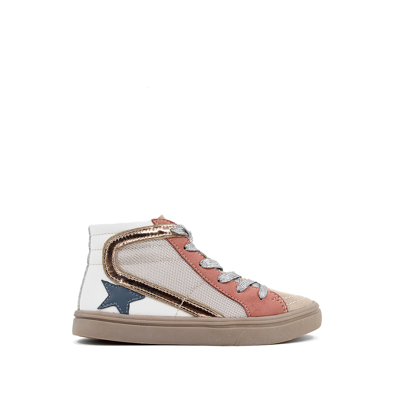 A fun sneaker that can be dressed up or down. Features silver laces, suede detailing, and side zipper.