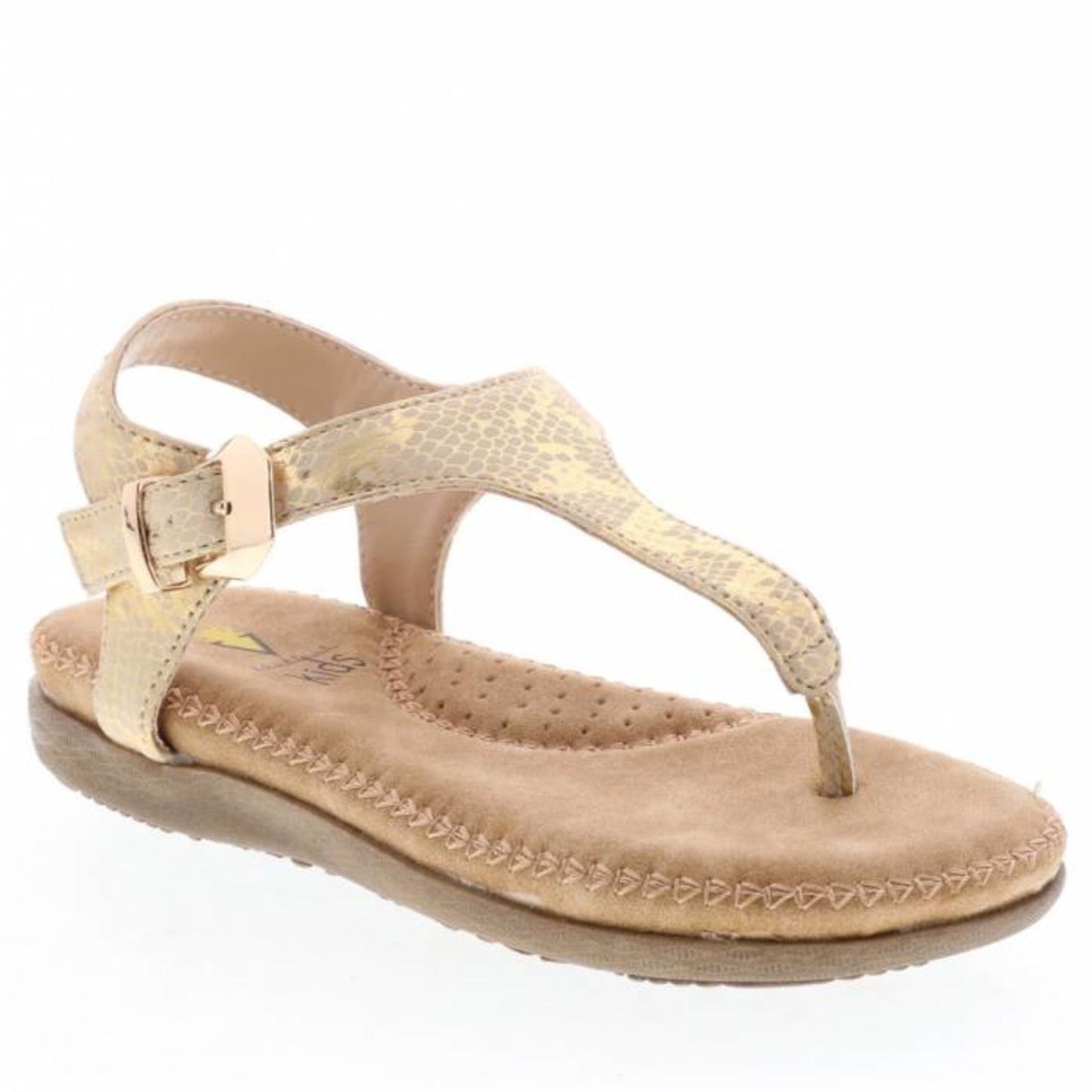 SLING BACK METALLLIC TONG WITH ULTRA COMFORTABLE FOOTBED. MEDIUM WIDTH  Sling back thong with Ultra comfortable footbed, medium width.